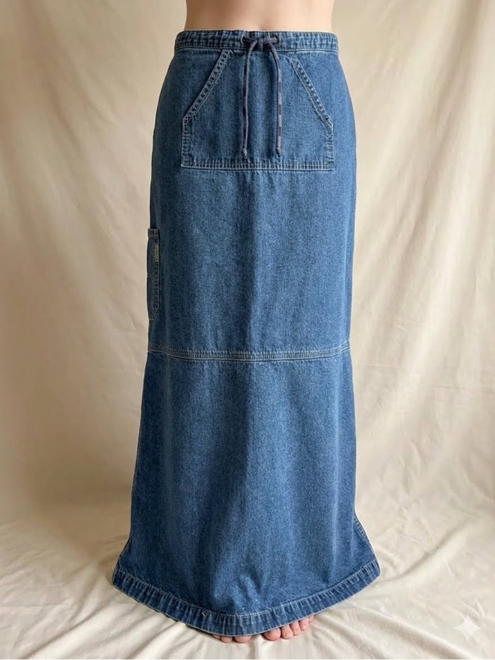 Vintage Brody Jeans Denim Maxi Skirt 90s Drawstring Cargo Utility Y2K Blue Long